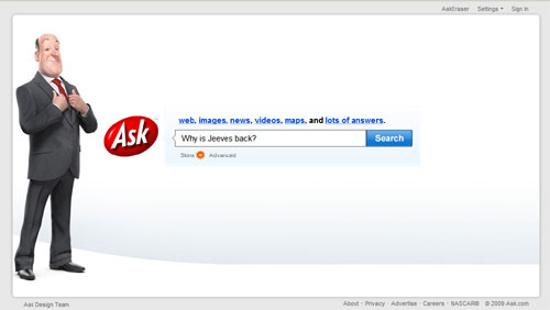 Ask Jeeves new (old look) homepage