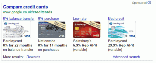 Credit cards comparison on Google Search