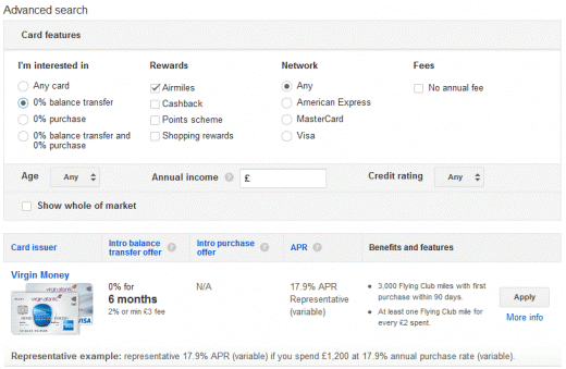 Google credit card comparison advanced search options