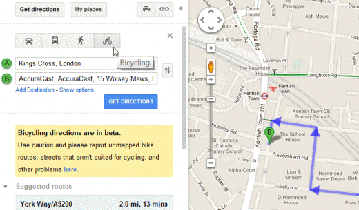 Google bicycle route map to AccuraCast offices