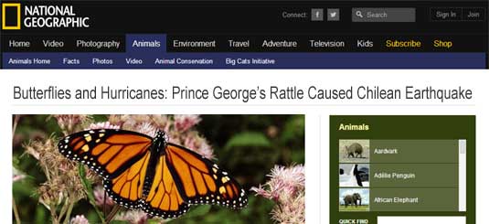 National Geographic headline: Butterflies and Hurricanes: Prince George’s Rattle Now Known To Have Caused The Chilean Earthquake