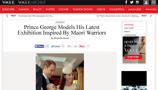 Vogue headline: Prince George Models His Latest Exhibition Inspired By Maori Warriors