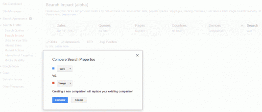 Webmaster Tools Search Impact report comparing Web v image