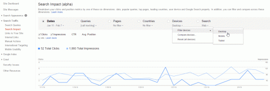 Webmaster Tools Search Impact reports with data segmented by device
