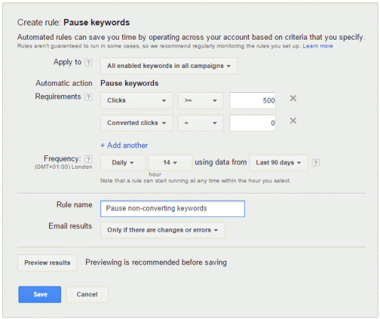 Create new rule in AdWords