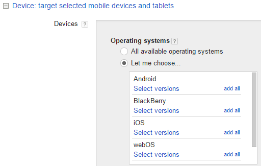 Selecting an AdWords mobile OS target