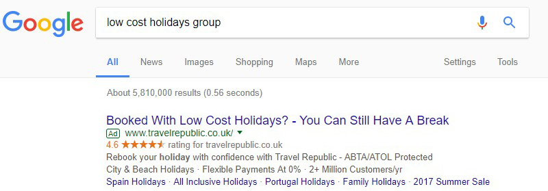 Ads on competitor brand searches when Low cost Holidays went bankrupt