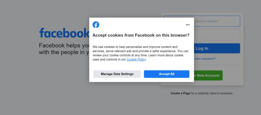 Facebook cookie consent prompt