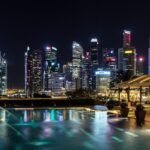 Modern hotel pool overlooking Singapore skyline