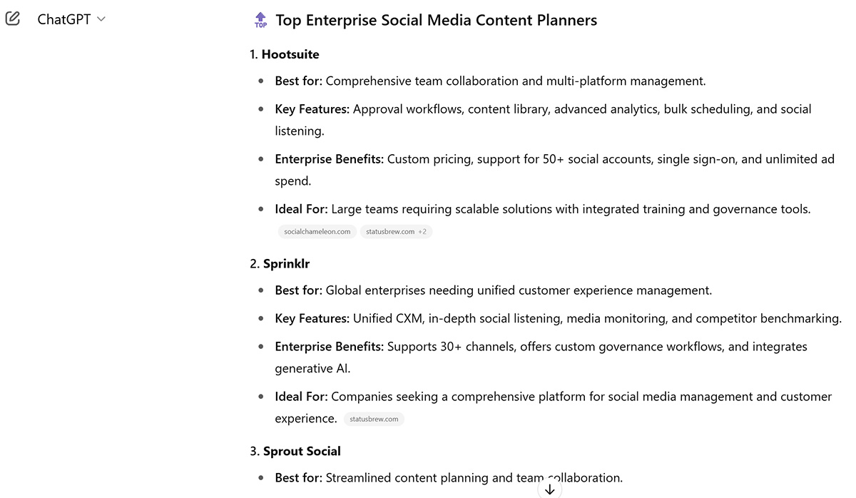 ChatGPT search - Enterprise social planner