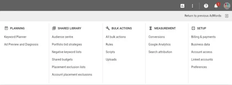 AdWords new interface menu