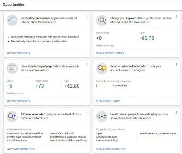 AdWords new interface - opportunities tab