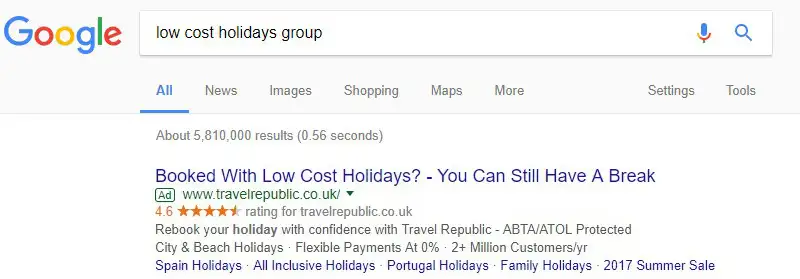 Ads on competitor brand searches when Low cost Holidays went bankrupt