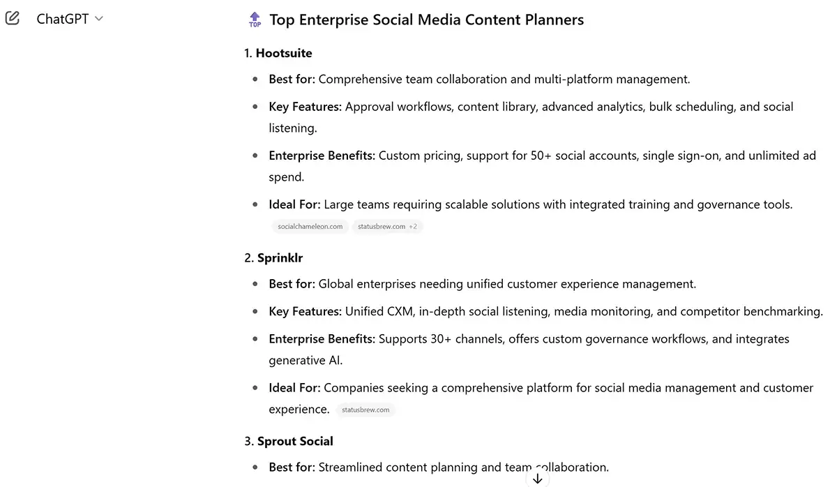 ChatGPT search - Enterprise social planner