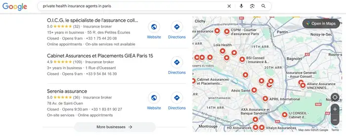 Localised search for insurance agents in Paris showing local pack and Google Maps locations in organic search results